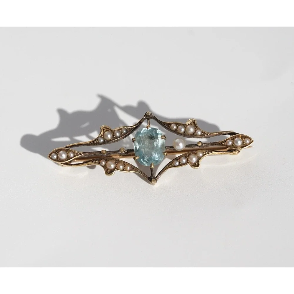 Antique Edwardian 14k Gold Aquamarine Seed Pearl Bar Brooch Art Nouveau c1905 - Picture 2 of 12